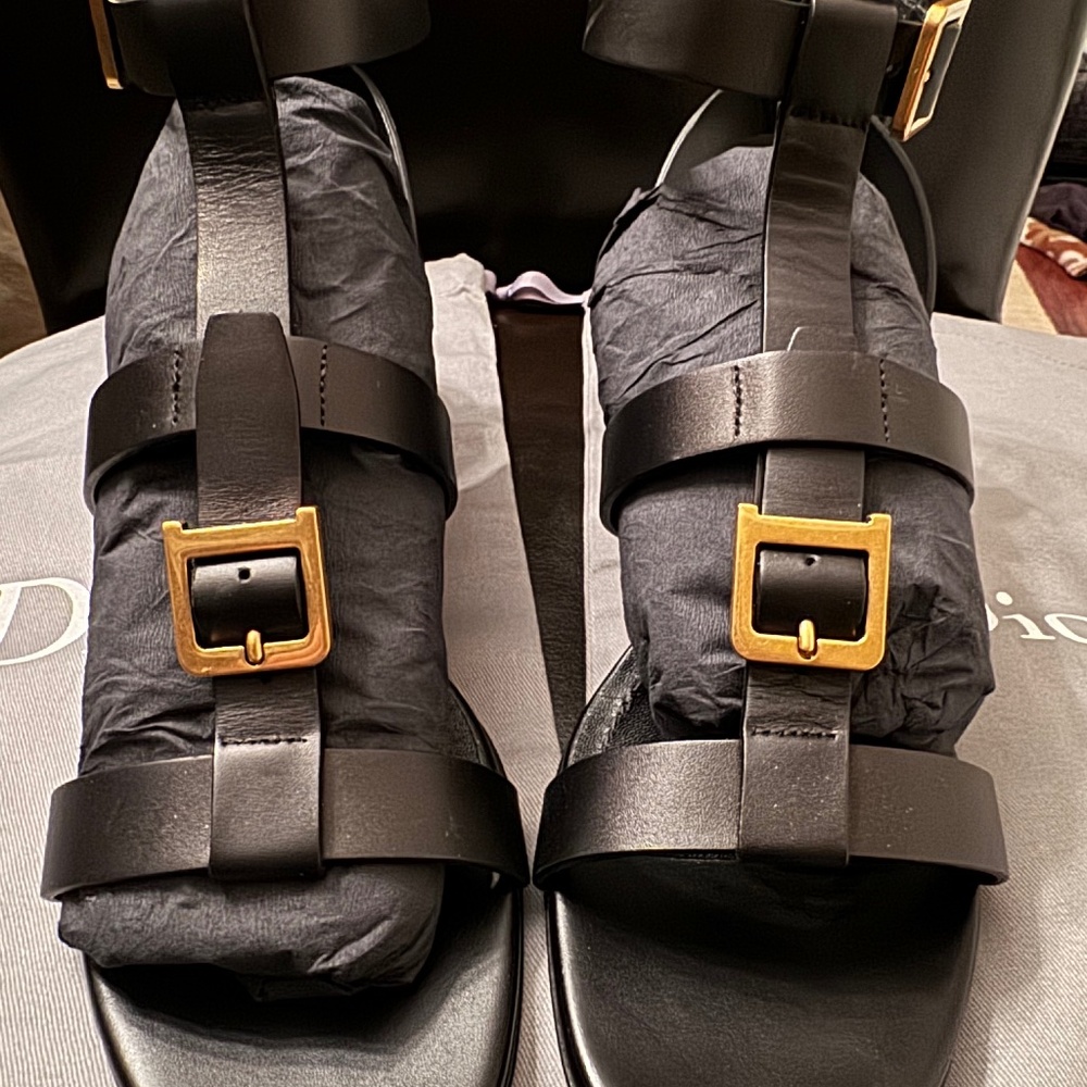 Christian Dior Double D Calfskin Sandals, Black with Gold - Size 37